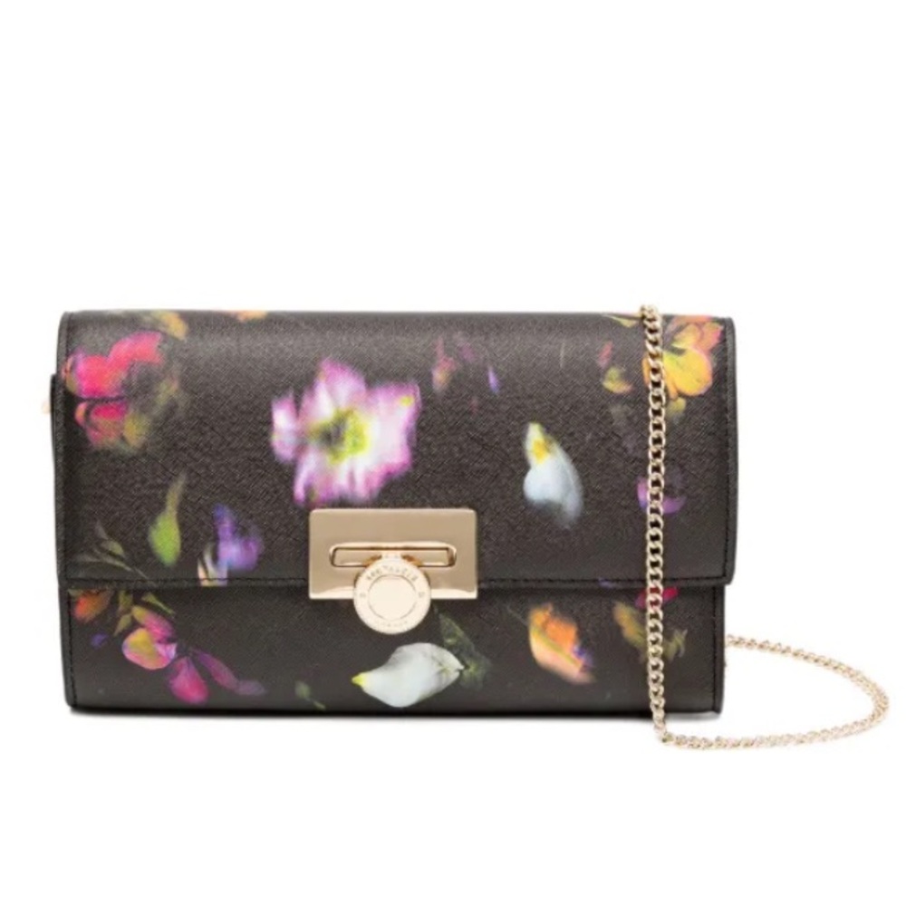 Ted Baker Floral Black Red Chain Clutch Parisa Leather Crossbody - Picture 2 of 13